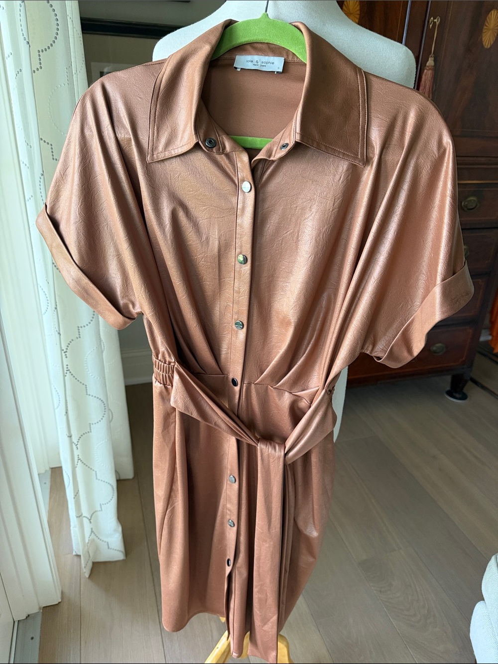 Lola & Sophie New York Camel Faux Leather Shirt Dress with Tie Waist